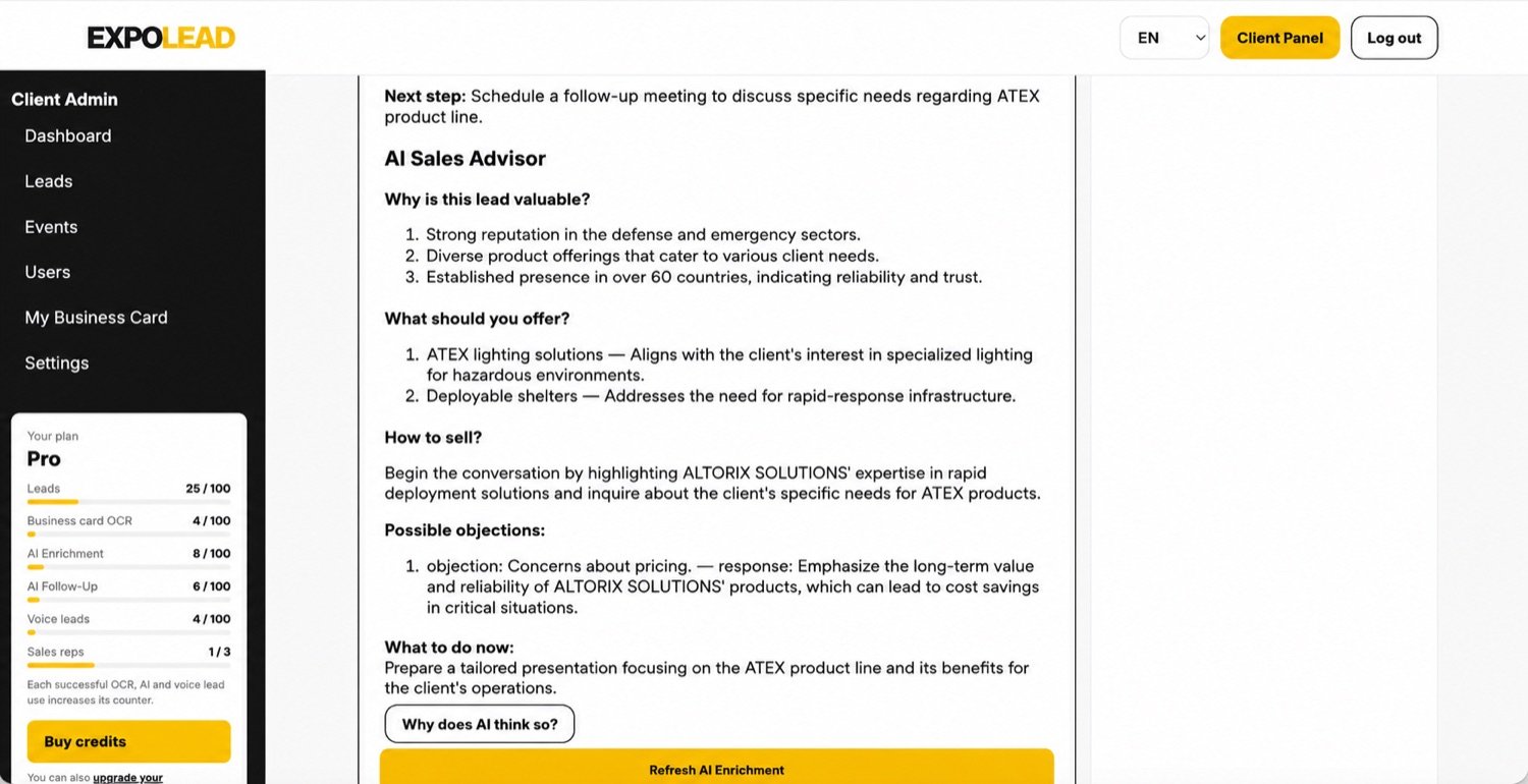 ExpoLead desktop AI Sales Advisor lower view after scrolling