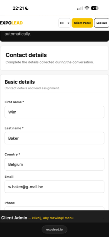 ExpoLead sales representative mobile lead form view