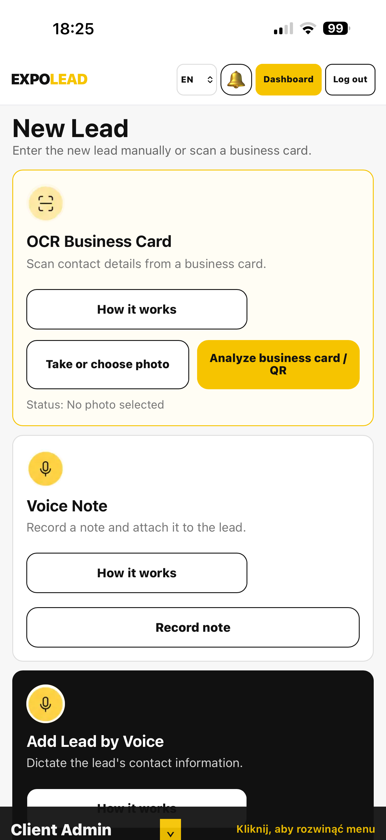 ExpoLead mobile view with OCR and QR code scanning